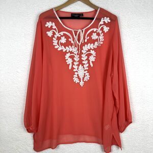 Susan Graver Artisan Sheer V-Neck Tunic Embroidered Long Sleeve Coral Plus Sz 3X